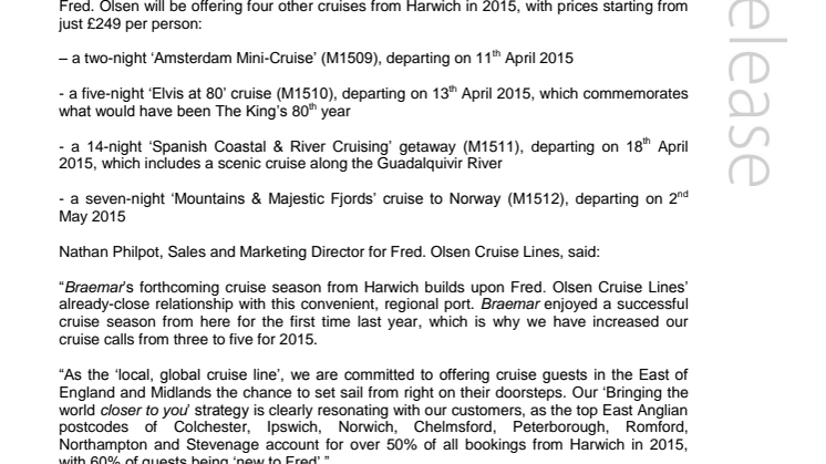 Fred. Olsen Cruise Lines’ to commence third cruise season from Harwich, on board Braemar