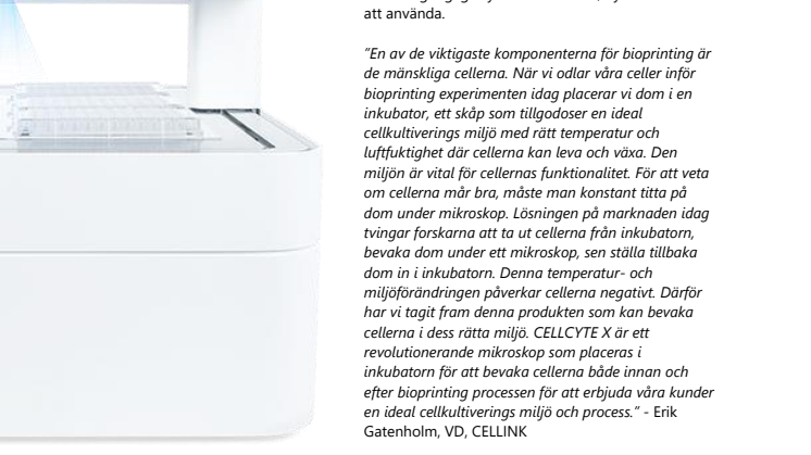 CELLINK lanserar ny produkt inom realtids cellmikroskopi som förenklar bioprintingprocessen