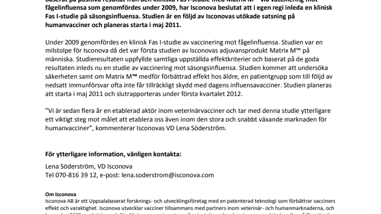 Isconova inleder klinisk studie av influensavaccin