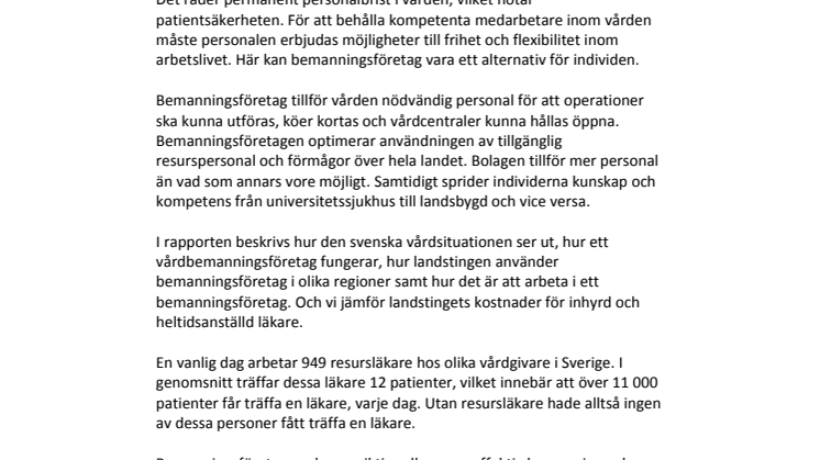 Tillsammans för en effektiv vård – bemanningsföretagen är en viktig del i svensk sjukvård