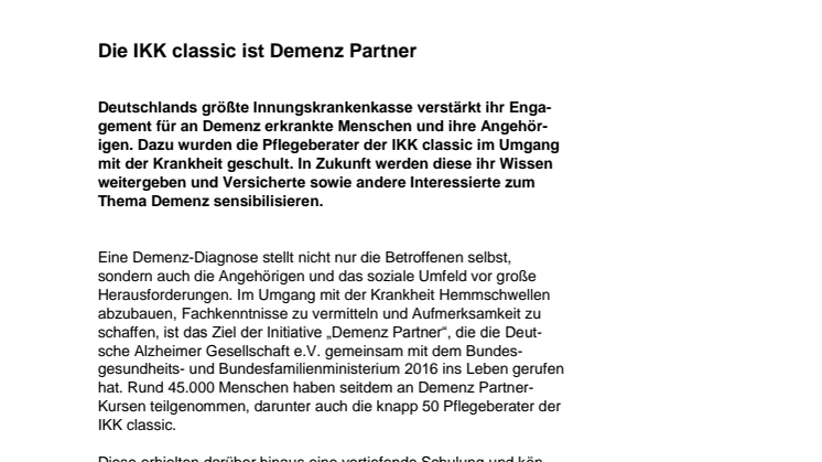 Die IKK classic ist Demenz Partner
