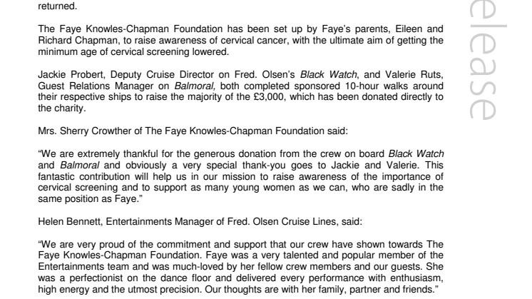 Fred. Olsen Cruise Lines’ crew raise £3,000 in memory  of much-loved dancer, Faye Knowles-Chapman