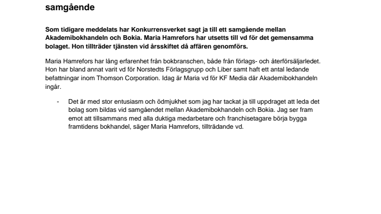 Maria Hamrefors blir vd för Akademibokhandeln och Bokia efter samgående 