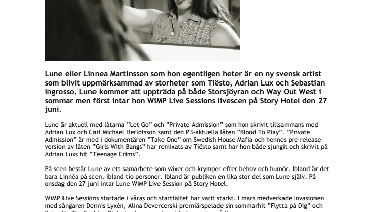WiMP Live Session fortsätter lyfta stjärnskott, på onsdag spelar Lune på Story Hotel