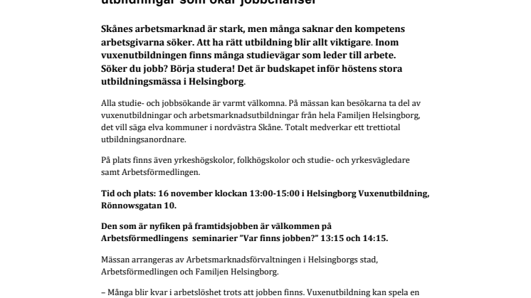 Utbildningsmässa i Helsingborg med utbildningar som ökar jobbchanser
