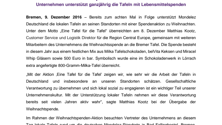 „Eine Tafel für die Tafel“ – Mondelez Deutschland überreicht Weihnachtsspende an Bremer Tafel