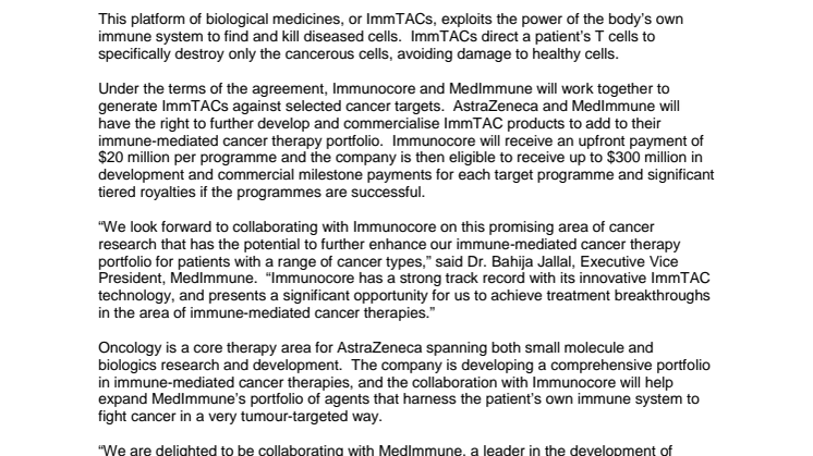 MedImmune och Immunocore ingår ett avtal inom immunterapi i syfte att utveckla nya cancerbehandlingar 