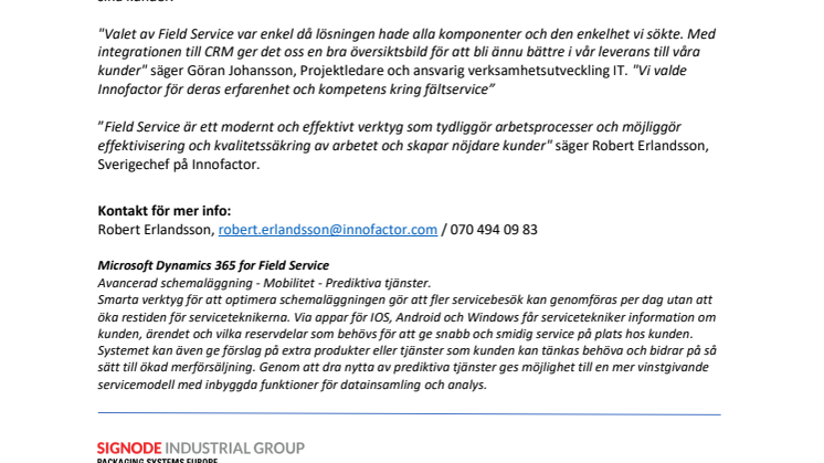 Signode Industrial Group väljer Innofactor för en ny innovativ lösning för fältservice