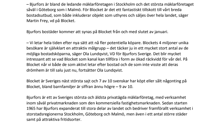 Bjurfors ansluter till Blocket Bostad – 25 procent av alla mäklarobjekt i hela landet samlade på Blocket