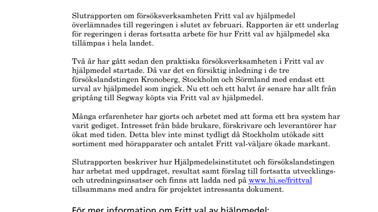 Slutrapport för Fritt val av hjälpmedel