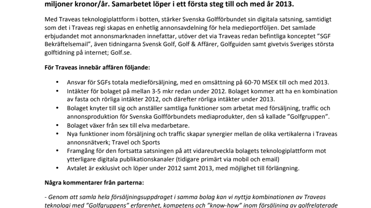 Traveas tar över all medieförsäljning för Svenska Golfförbundet, en medieportfölj värd 30-35 mkr/år
