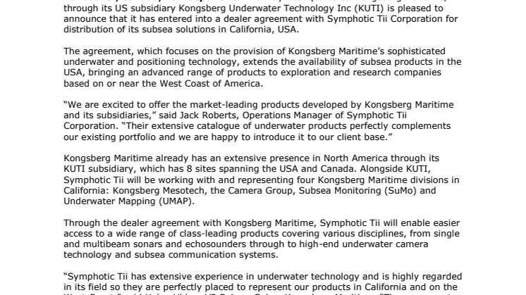 Kongsberg Maritime: Kongsberg Maritime and Symphotic Tii Sign Dealer Agreement