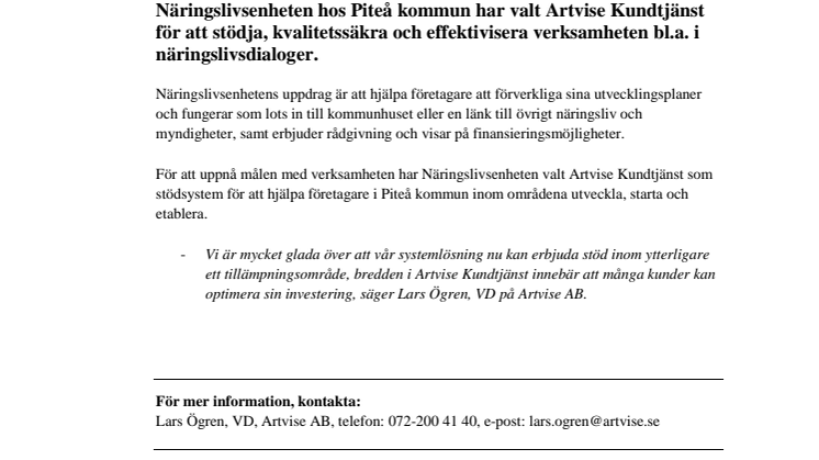 Artvise Kundtjänst till Näringslivsenheten hos Piteå kommun!