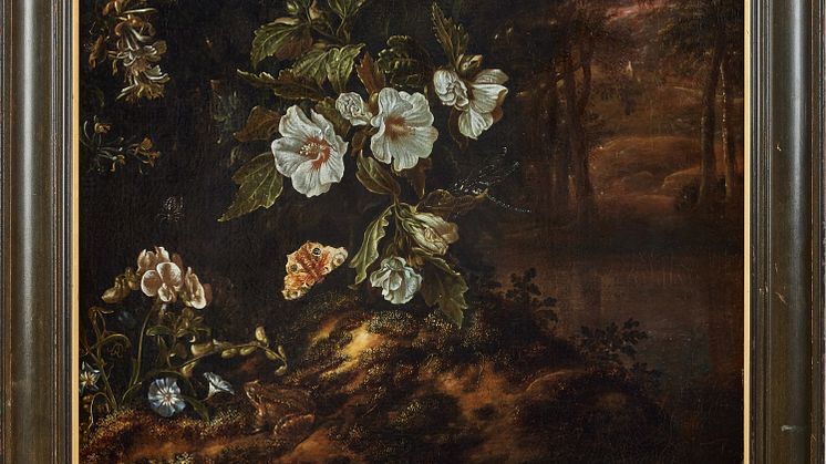 Stilleben med blommor och fiskar i ett bergslandskap av Isaac Vromans