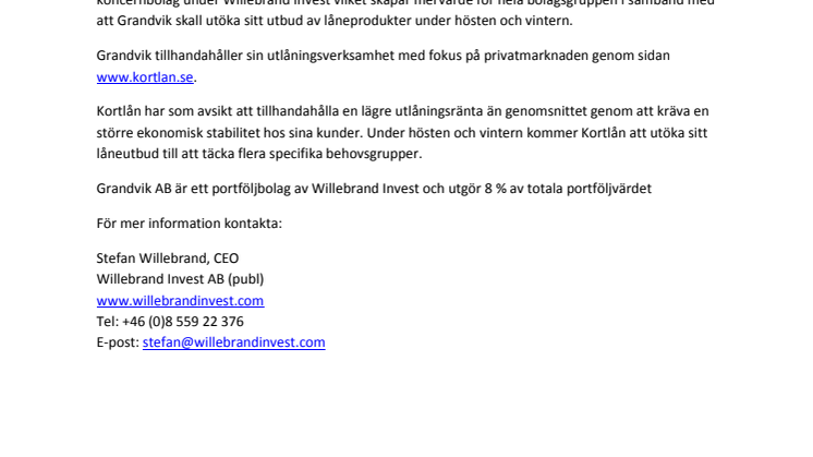 Willebrand Invest AB (publ) förvärvar majoritet i Grandvik AB