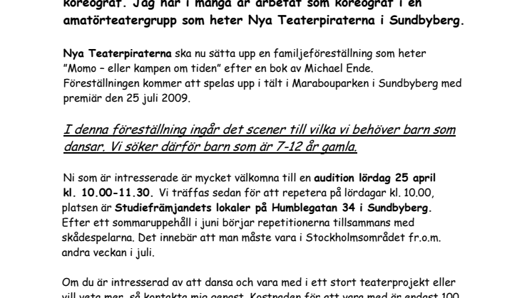 Unga dansare söker för pjäsen "Momo - eller kampen om tiden"