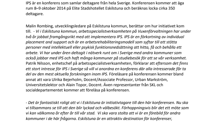 Eskilstuna, initiativtagare till ny konferens hösten 2014