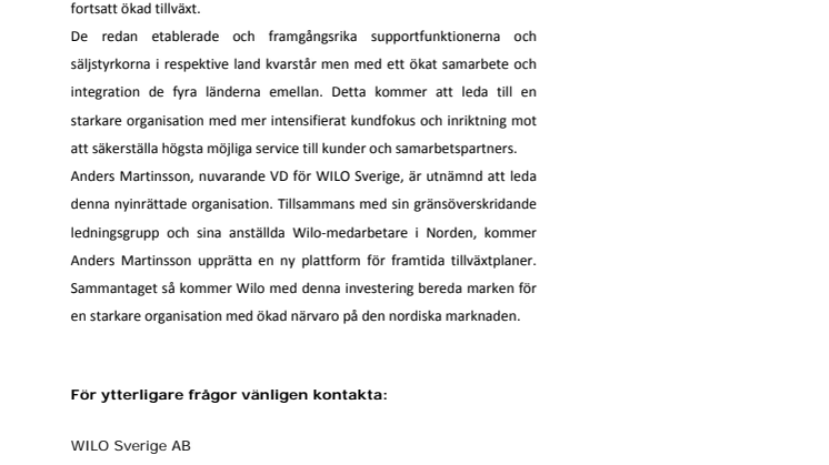 WILO-gruppen bildar en nordisk organisation för ökad tillväxt 