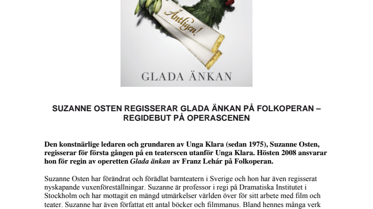 SUZANNE OSTEN REGISSERAR GLADA ÄNKAN PÅ FOLKOPERAN – REGIDEBUT PÅ OPERASCENEN 