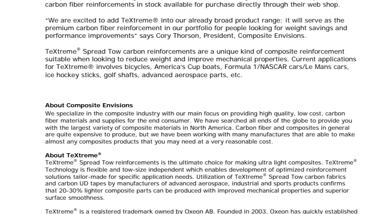 Composite Envisions new authorized TeXtreme® distributor
