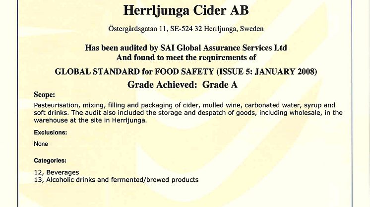 Herrljunga Cider är BRC-certifierade
