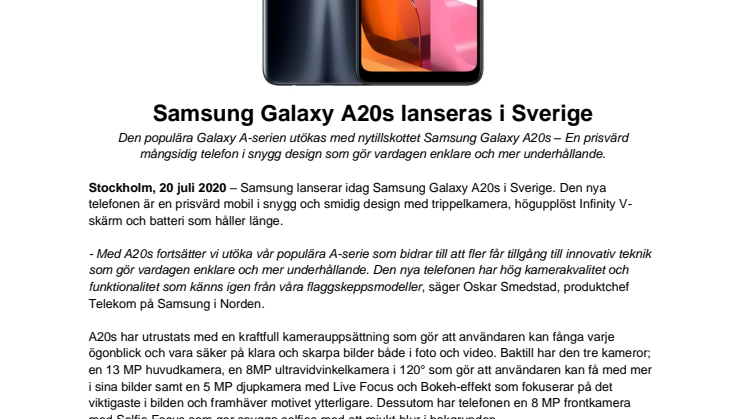 Samsung Galaxy A20s lanseras i Sverige