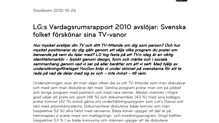LG:s Vardagsrumsrapport 2010 avslöjar: Svenska folket förskönar sina TV-vanor