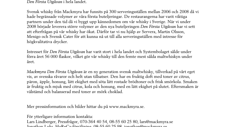 Ökad tillgänglighet på Mackmyras whisky för HoReCa