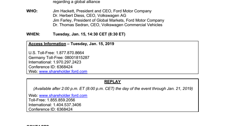 Volkswagen AG and Ford Motor Company to Provide Update on Alliance Talks on Tuesday Conference Call 
