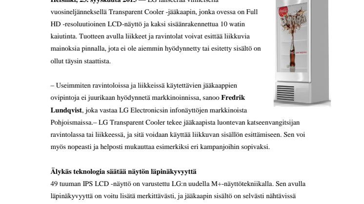 LG LANSEERAA LÄPINÄKYVÄLLÄ LCD-NÄYTÖLLÄ VARUSTETUN JÄÄKAAPIN