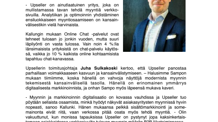 Sampo Kallunki johtamaan Upseller Finland Oy:n myyntiä ja markkinointia - luvassa lisää rekrytointeja