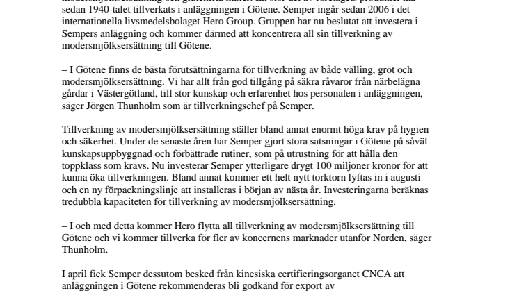 Semper storsatsar på tillverkningen i Sverige 