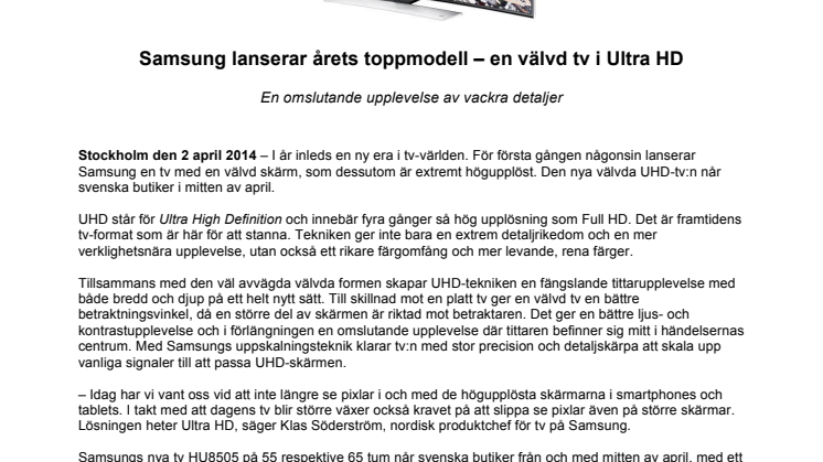 Samsung lanserar årets toppmodell – en välvd tv i Ultra HD
