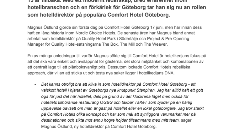 Ung Nordic Choice Hotels-talang axlar rollen som hotelldirektör på Comfort Hotel Göteborg