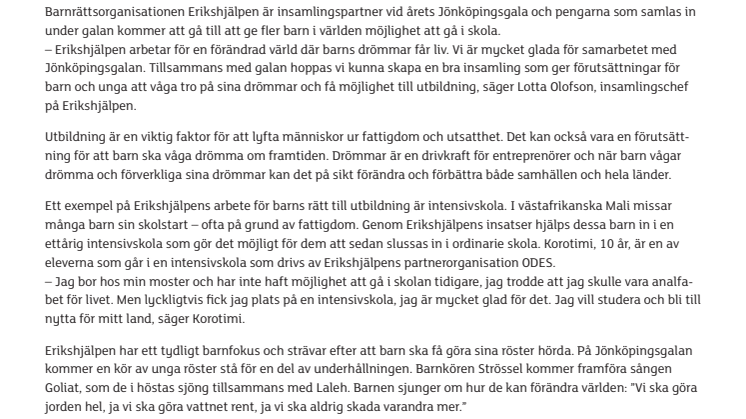 Erikshjälpen blir insamlingspartner vid Jönköpingsgalan