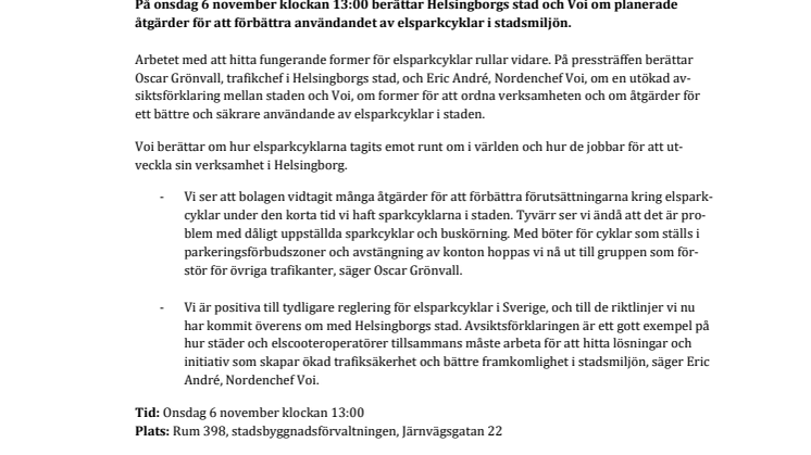 Pressinbjudan: Avsiktsförklaring mellan Helsingborgs stad och Voi