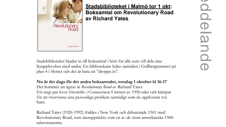 Stadsbiblioteket i Malmö tor 1 okt: Boksamtal om Revolutionary Road av Richard Yates