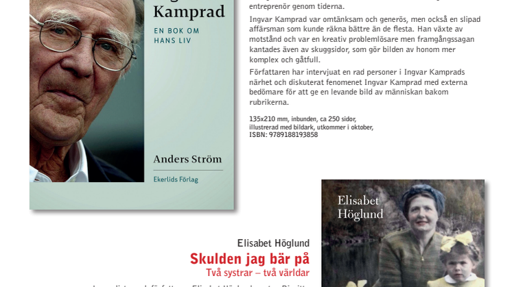Biografi om Ingvar Kamprad och Elisabet Höglund om sin okända syster bland Ekerlids Förlags höstutgivning
