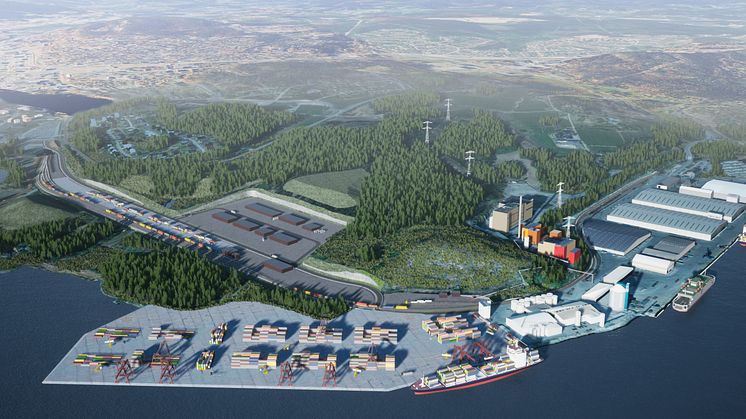En ny kombiterminal med logistikytor i Petersvik utanför Sundsvall avlastar tunga vägtransporter till förmån för järnväg och sjöfart. Bild: Sundsvall Logistik AB