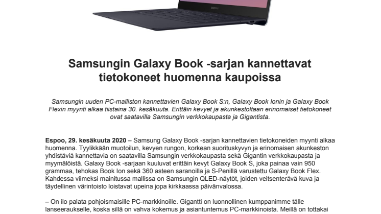 Samsungin Galaxy Book -sarjan kannettavat tietokoneet huomenna kaupoissa