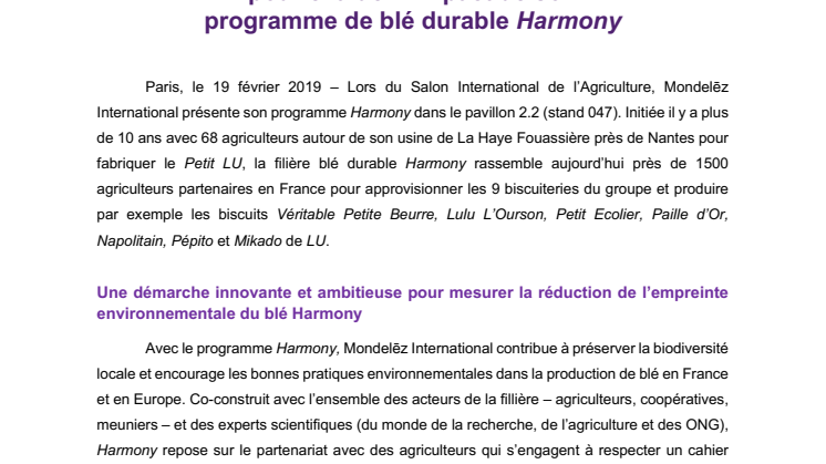 Mondelēz International utilise des indicateurs innovants de performance environnementale pour évaluer l’impact de son programme de blé durable Harmony