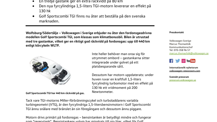 Gasdrivna Volkswagen Golf Sportscombi TGI erbjuds i Sverige igen