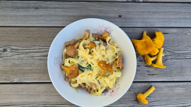 Enkel och god höstpasta med Västerbottensost, spenat och kantareller.