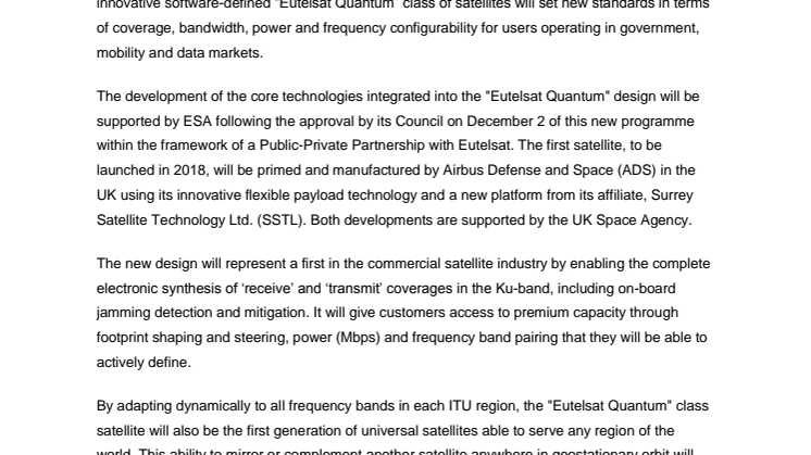 Eutelsat breaks new ground with software - defined “Eutelsat Quantum" class satellite