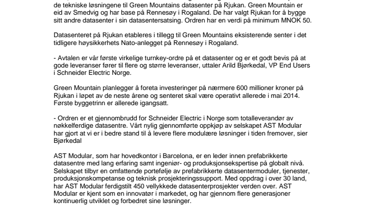 Schneider Electric inngår datasenteravtale med Green Mountain på Rjukan 