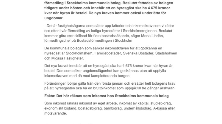 Nu gäller sänkta inkomstkrav hos kommunala bolag
