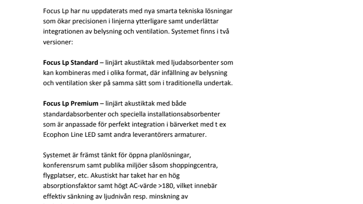 Ecophon vidareutvecklar linjära akustiktak