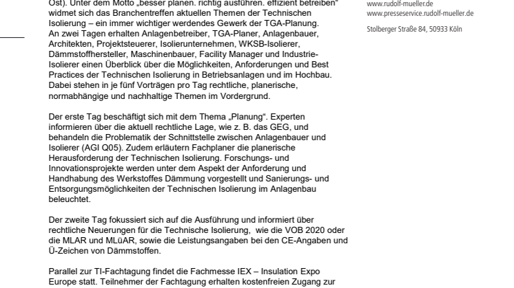 1. TI-Fachtagung: Lösungen für die Technische Isolierung	