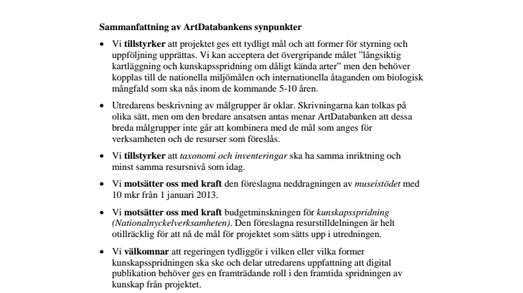 Länk till ArtDatabankens svar till utredningen
