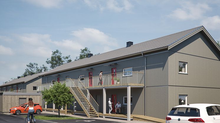 Illustration av entrésida med loftgångar, lägenheterna i BoKlok Biodlaren, Göta, Lilla Edet. 